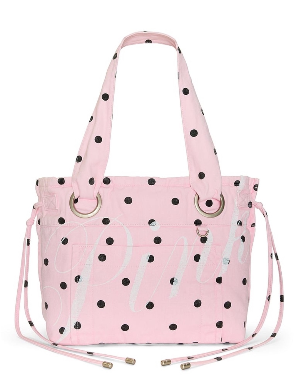 New Black Pink VS PINK Tote Bag Canvas Flat Bottom Purse Polka Dot Handbag NWT
